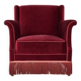 1960s, Danish armchair, cherry-red furniture velour, ash wood, original.