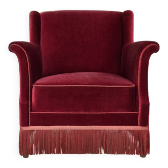 1960s, Danish armchair, cherry-red furniture velour, ash wood, original.