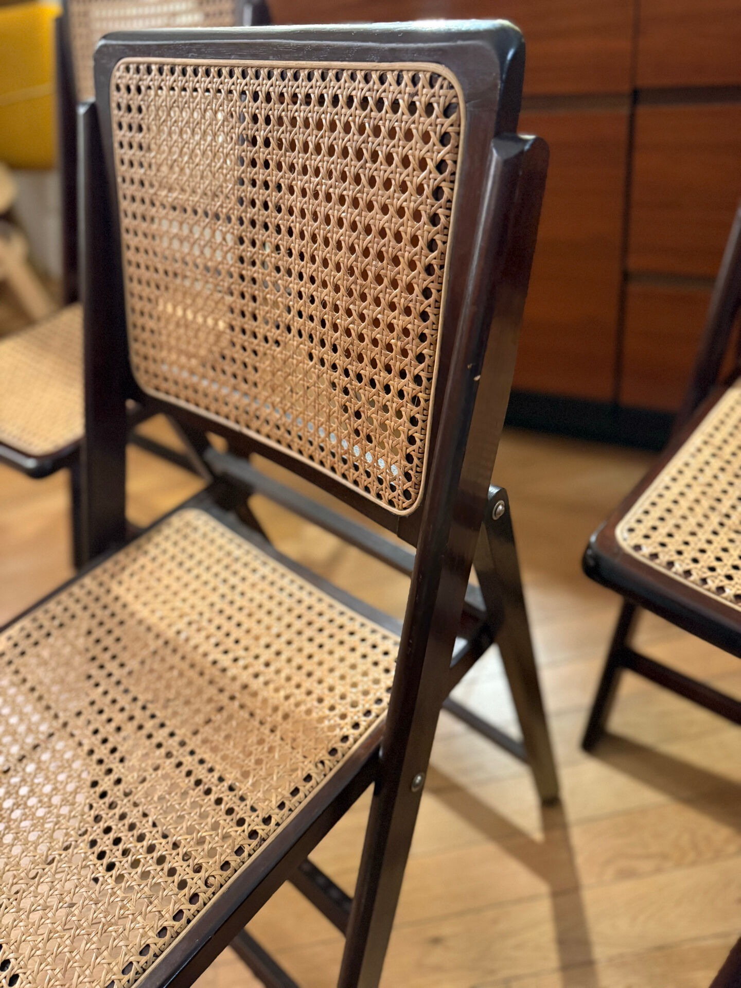 vintage wooden folding chairs with caning