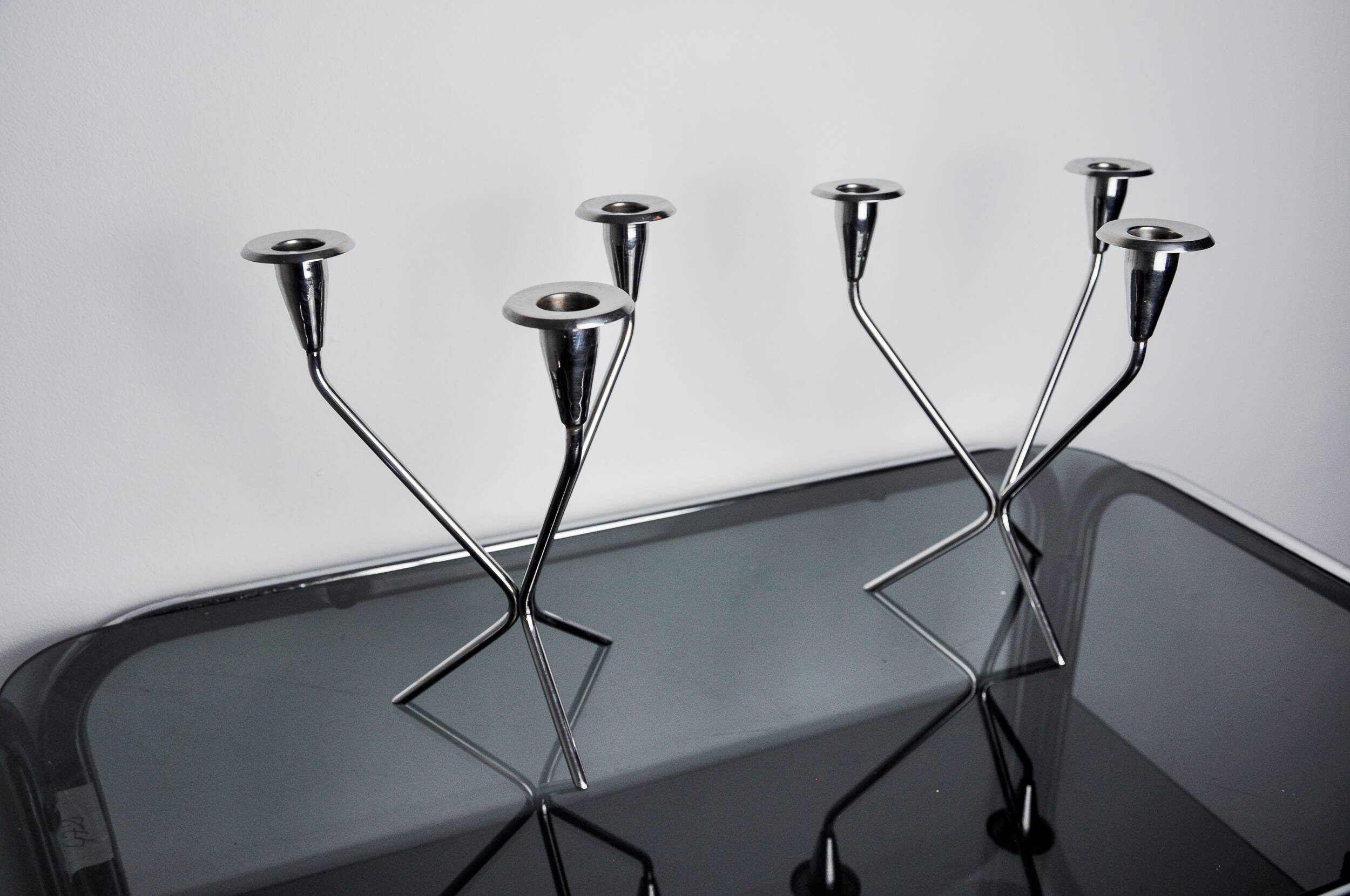 Pair of art deco stainless steel 3-flame candlesticks, Spain, 1970