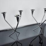 Pair of art deco stainless steel 3-flame candlesticks, Spain, 1970