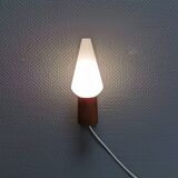 Wall lamp in teak with milky white cone-shaped shade in double glass