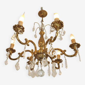 Vintage French Bronze 6 Light Mid Century Chandelier Adorned With Crystals 4758