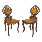 Pair of walnut chairs with Edelweiss marquetry, Brienz Switzerland 1900