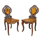 Pair of walnut chairs with Edelweiss marquetry, Brienz Switzerland 1900