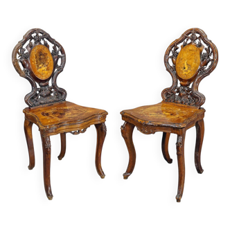 Pair of walnut chairs with Edelweiss marquetry, Brienz Switzerland 1900