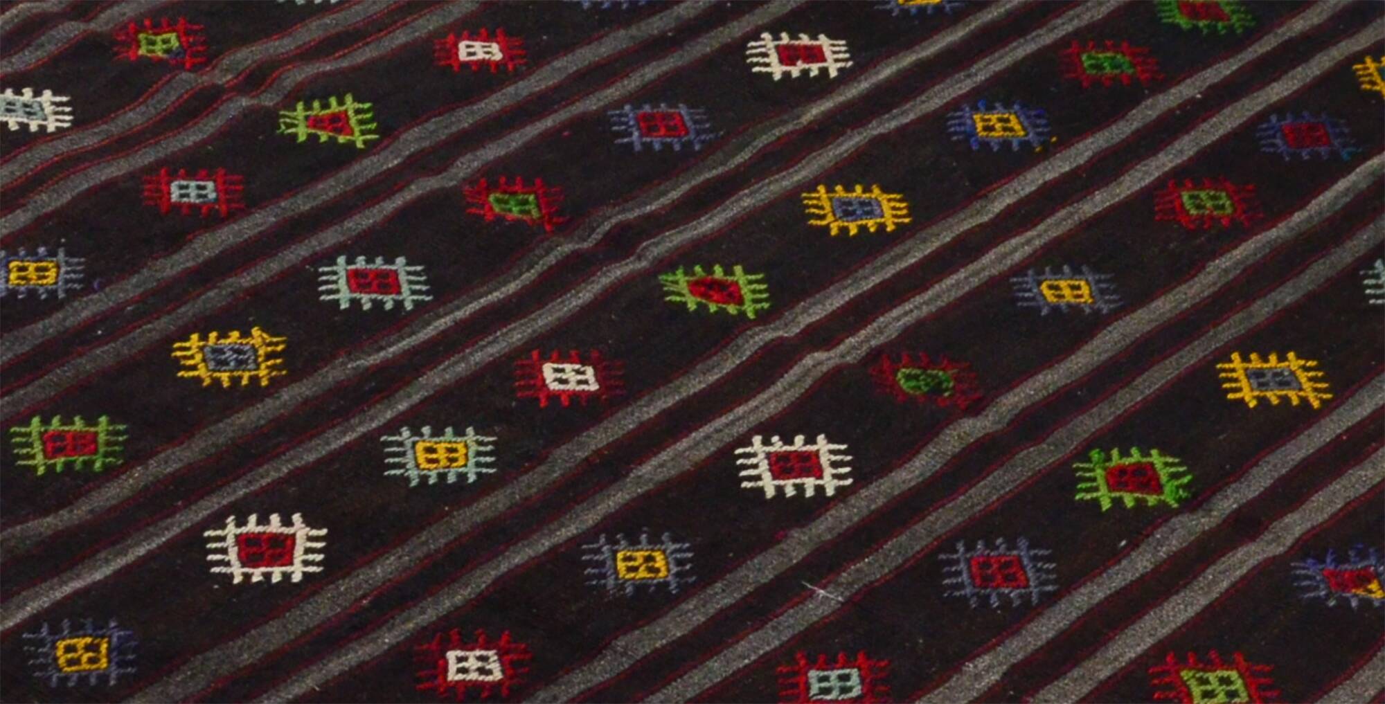 Turkish Kilim Yuruk Vintage 190x350 cm Geometric Patterns Black Multicoloured