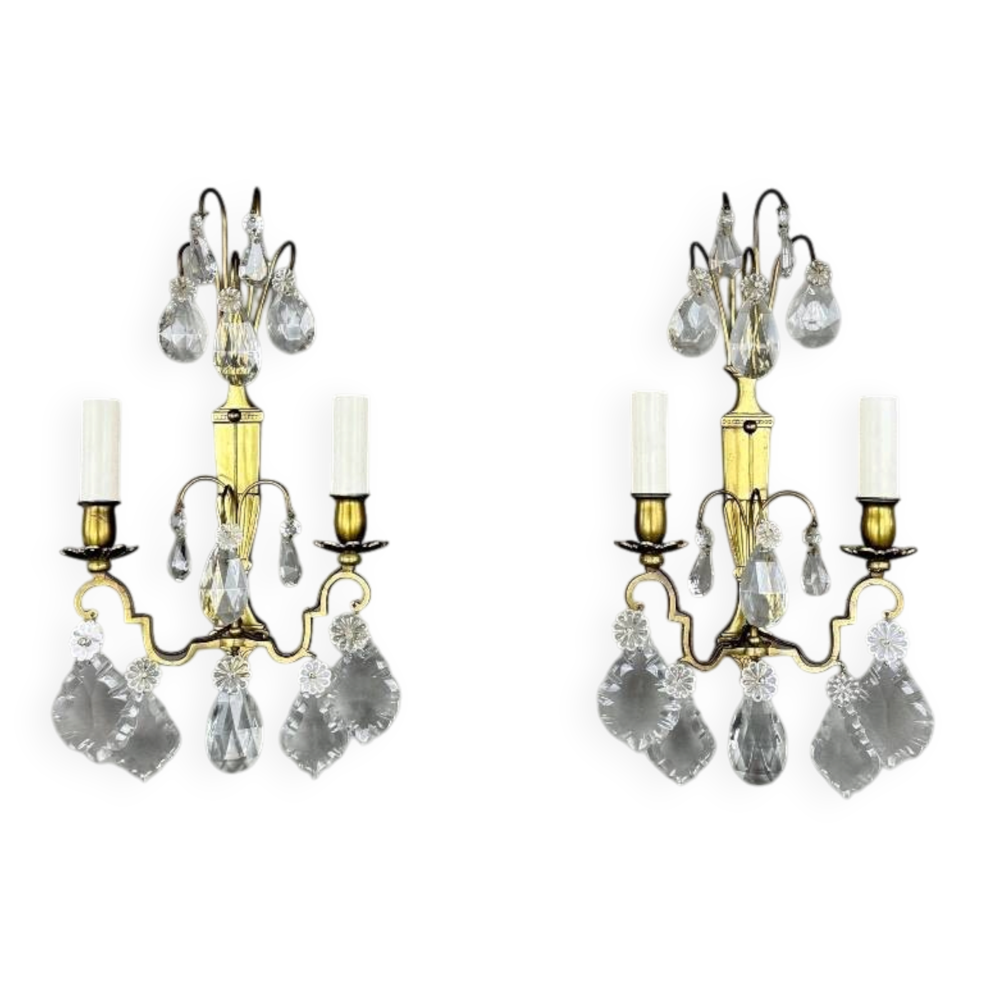 Pair of brass and crystal wall lights, 20th Century