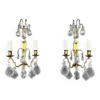 Pair of brass and crystal wall lights, 20th Century