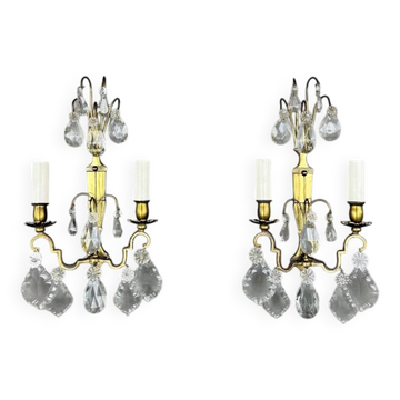 Pair of brass and crystal wall lights, 20th Century