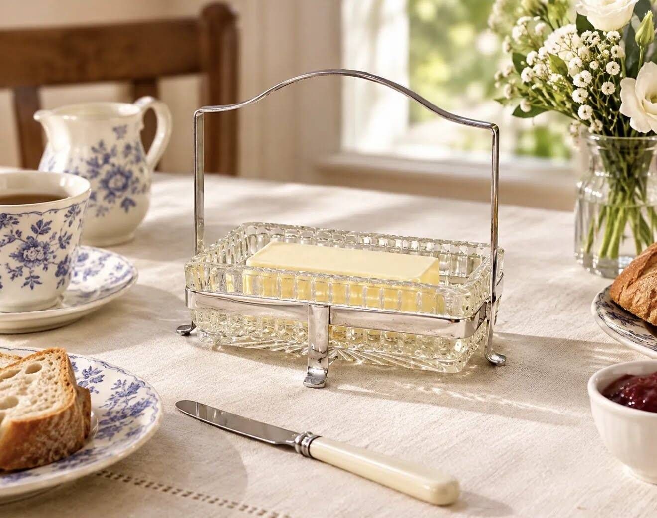 Antique Butter Dish & Knife, Silver Crystal Butter Dish Decorative Table Ware