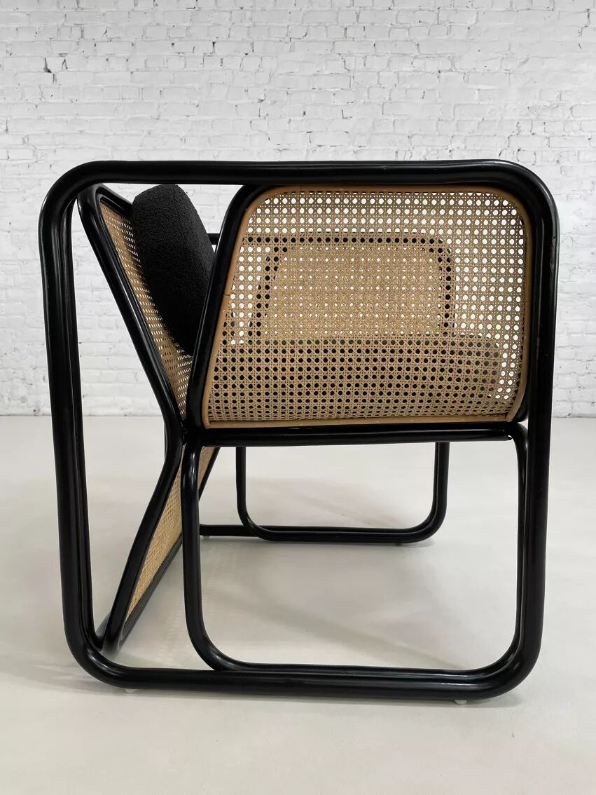 Cubic armchair in black rattan and canework