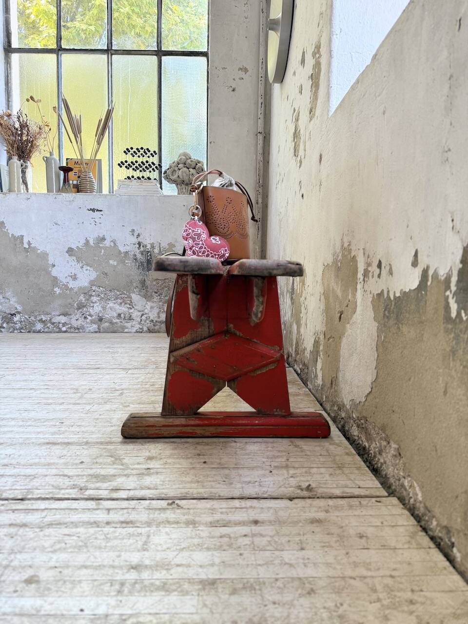 1950s oak bench with red patina, 2m