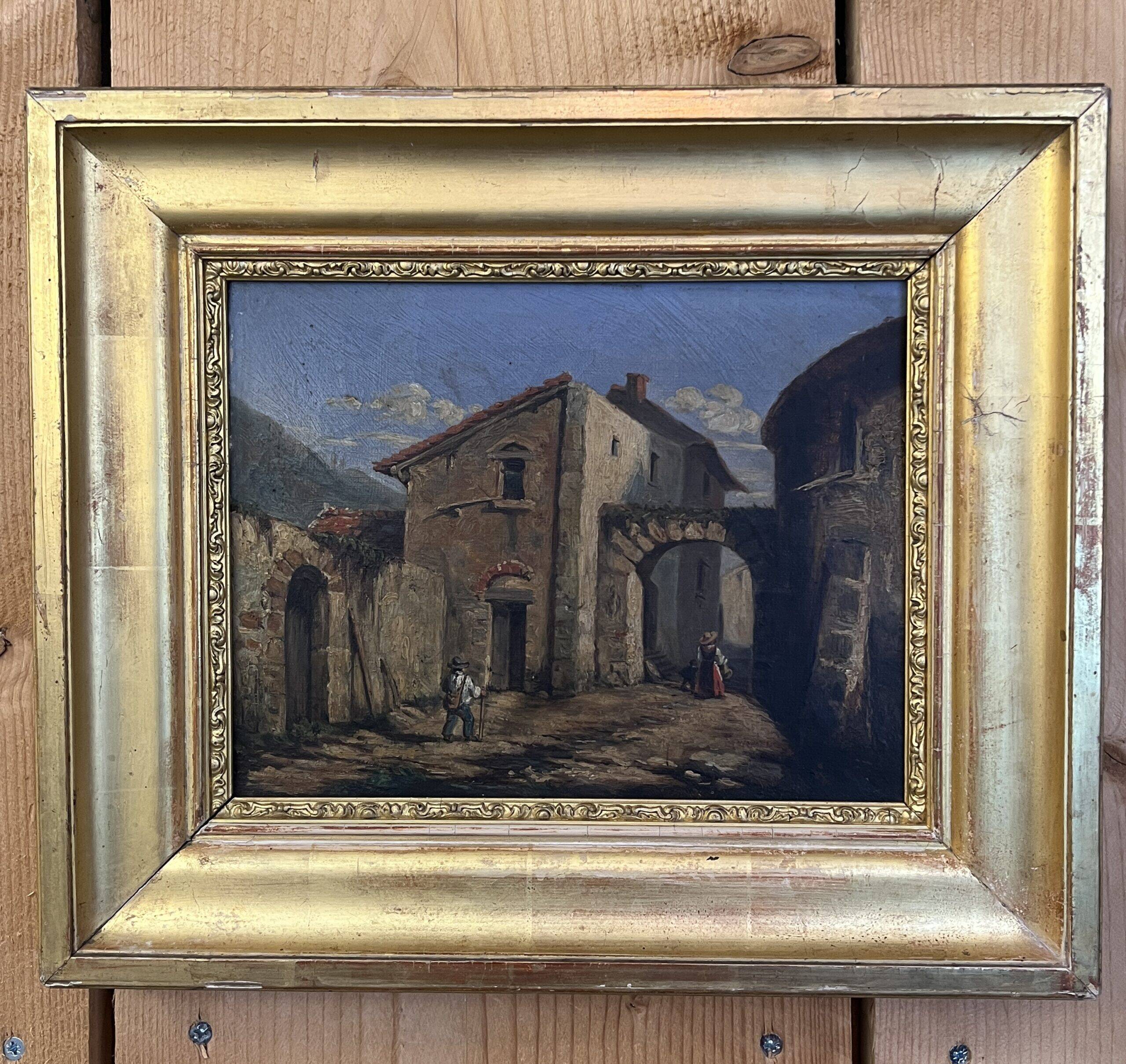 19th century painting, oil on canvas, interior decor of a lively village