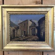 19th century painting, oil on canvas, interior decor of a lively village