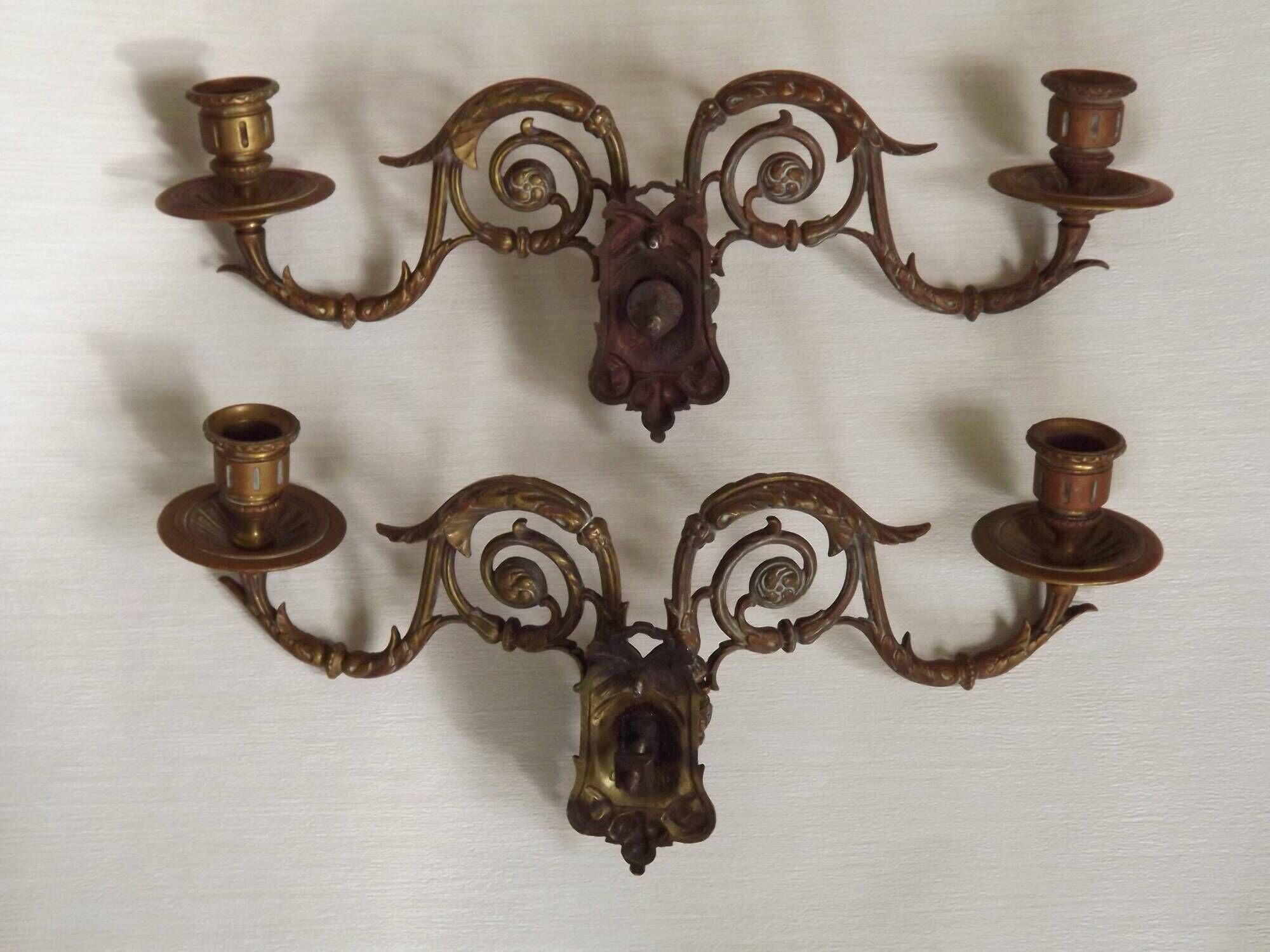 Pair of French Antique Signed GAVEAU 12 Double Piano Candle Sconces