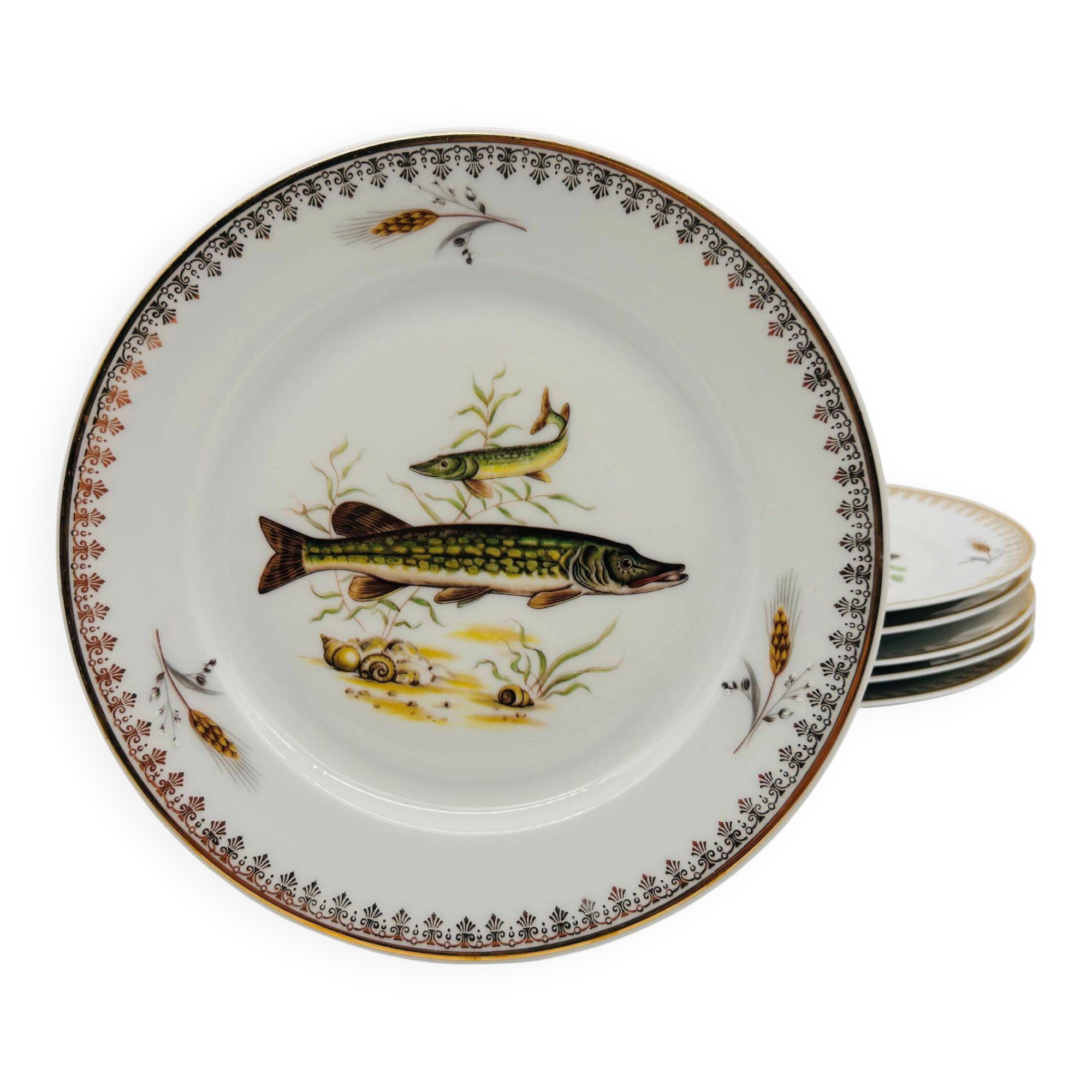 6 Limoges porcelain plates, fish pattern.