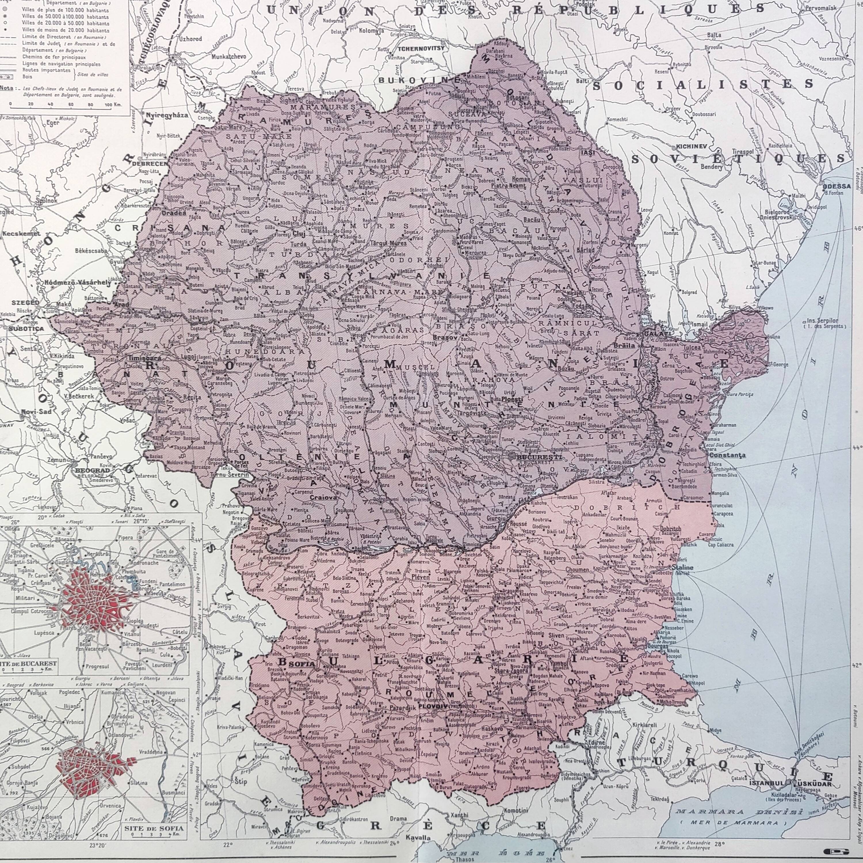 Old map Romania and Bulgaria 43x43cm from 1950