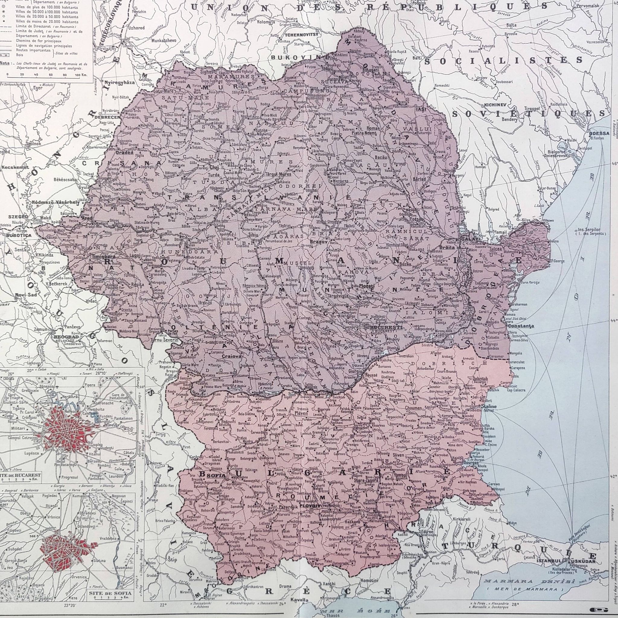 Old map of Romania and Bulgaria 43x43cm from 1950