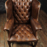 Georgian Style Brown Buttoned Leather Wing Chair