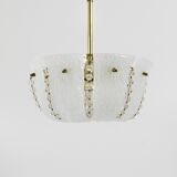 J.T. Kalmar Petite curved suspension basket, brass and glass, Austria, 1950s