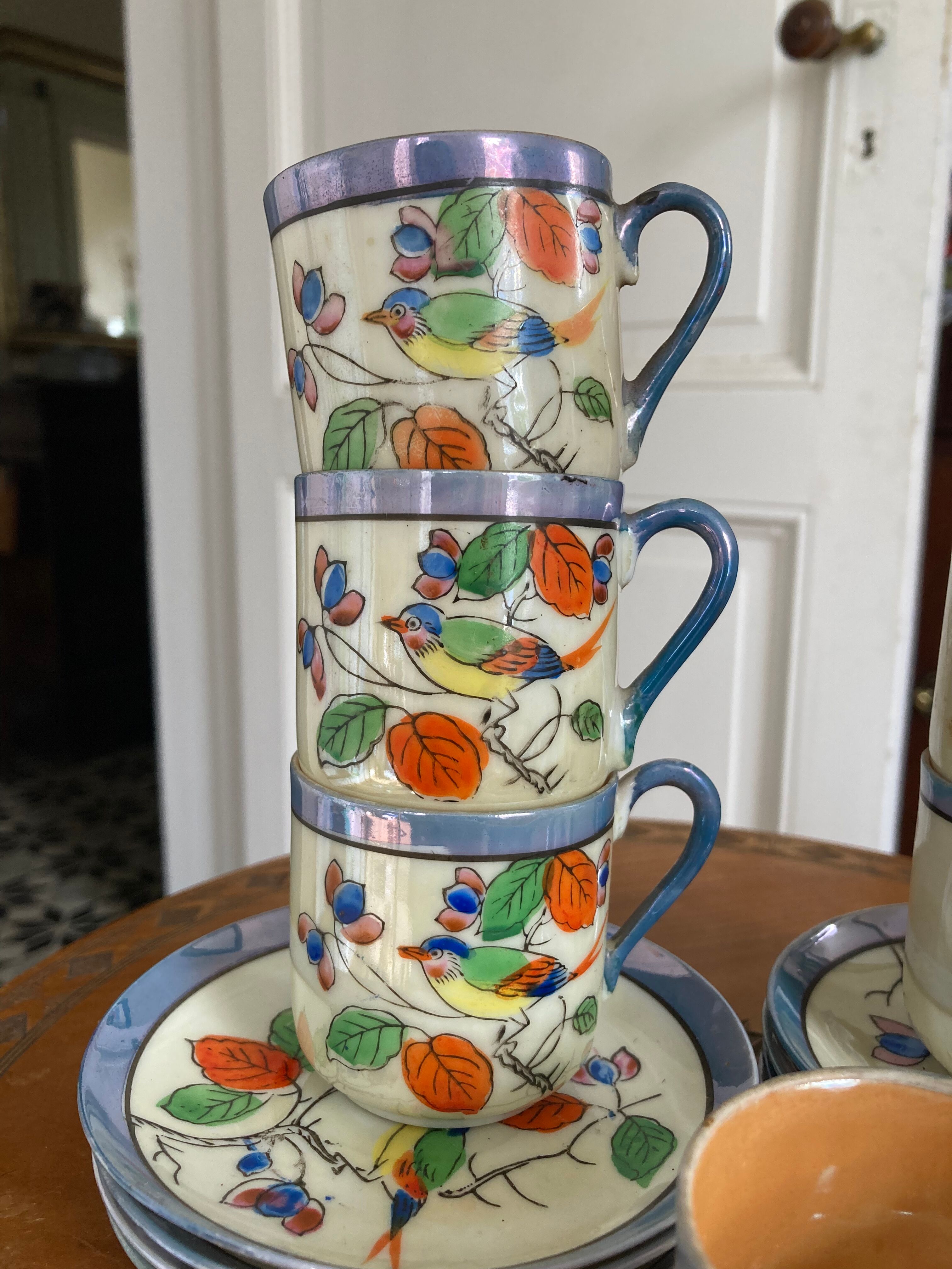 7 cups 1950 enamelled china saucers coffee or tea painted decoration birds