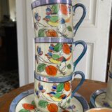 7 cups 1950 enamelled china saucers coffee or tea painted decoration birds