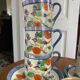7 cups 1950 enamelled china saucers coffee or tea painted decoration birds