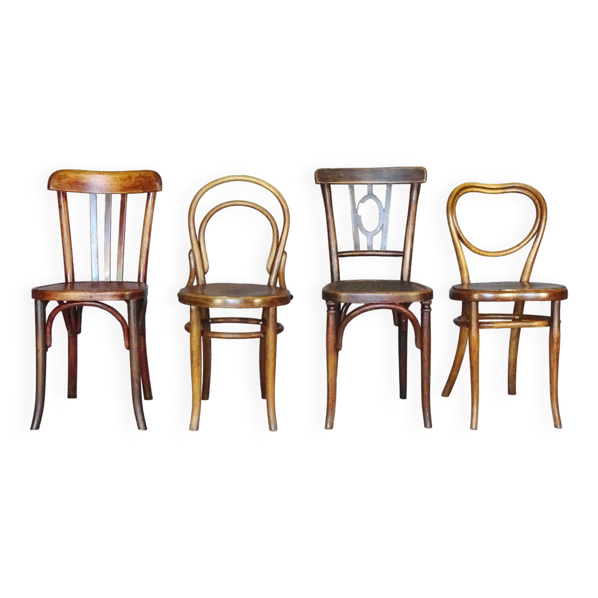 Set of 4 mismatched bistro chairs, 1900 to 1930 with wooden seats, Thonet, Baumann
