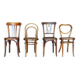 Set of 4 mismatched bistro chairs, 1900 to 1930 with wooden seats, Thonet, Baumann