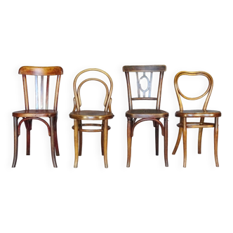 Set of 4 mismatched bistro chairs, 1900 to 1930 with wooden seats, Thonet, Baumann