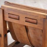 Midcentury Modern Brutalist Lounge Chair In Oak And Leather, Italy 1970s