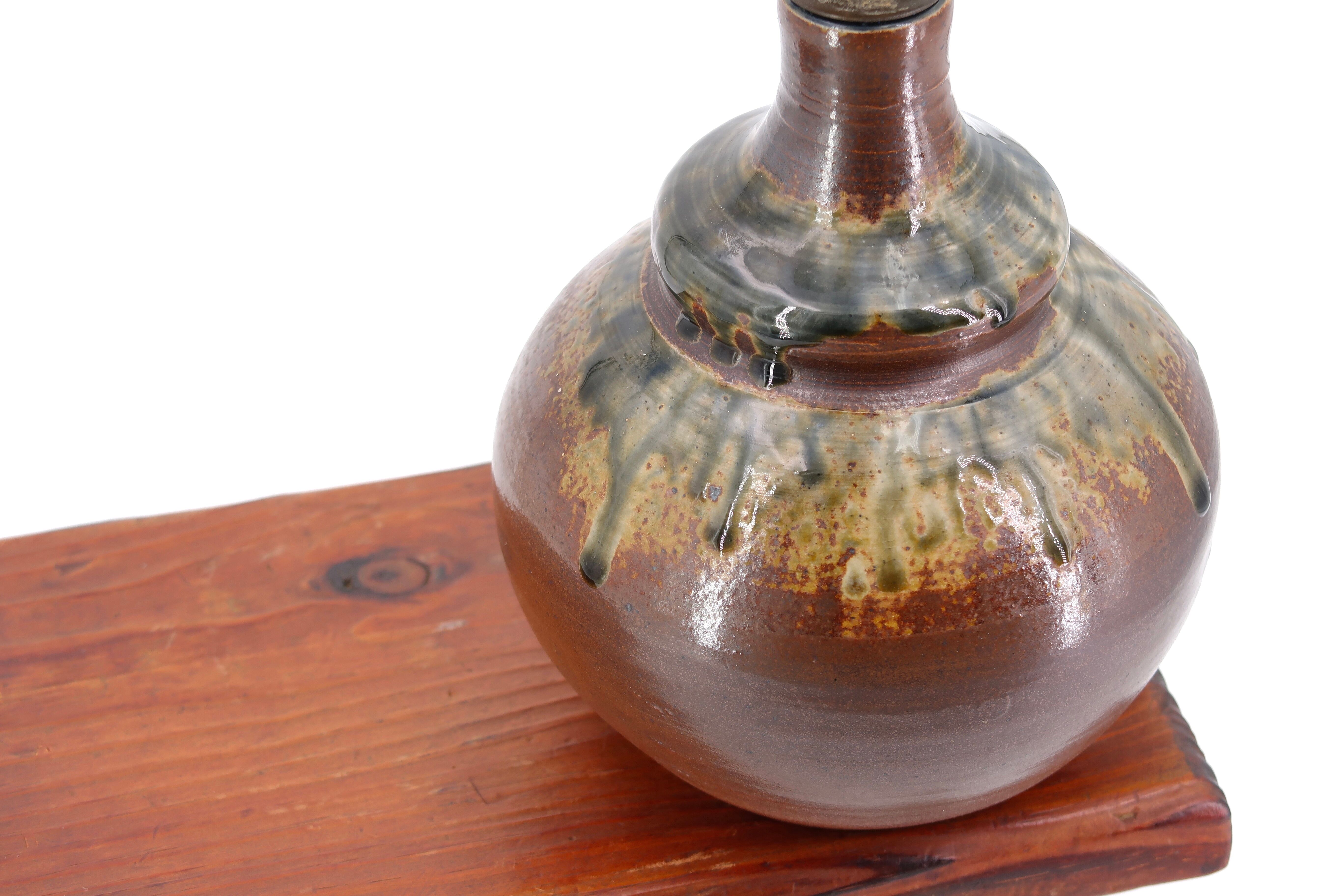 Puisaye stoneware lamp, raffia lampshade, 70s