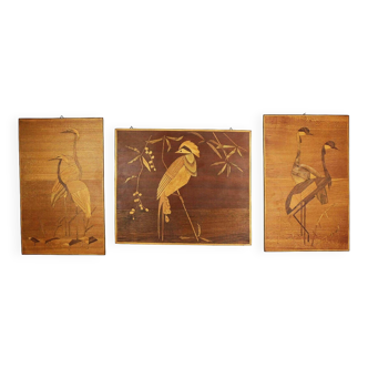 Set of 3 mid century intarsia pictures birds 1950s 1960s