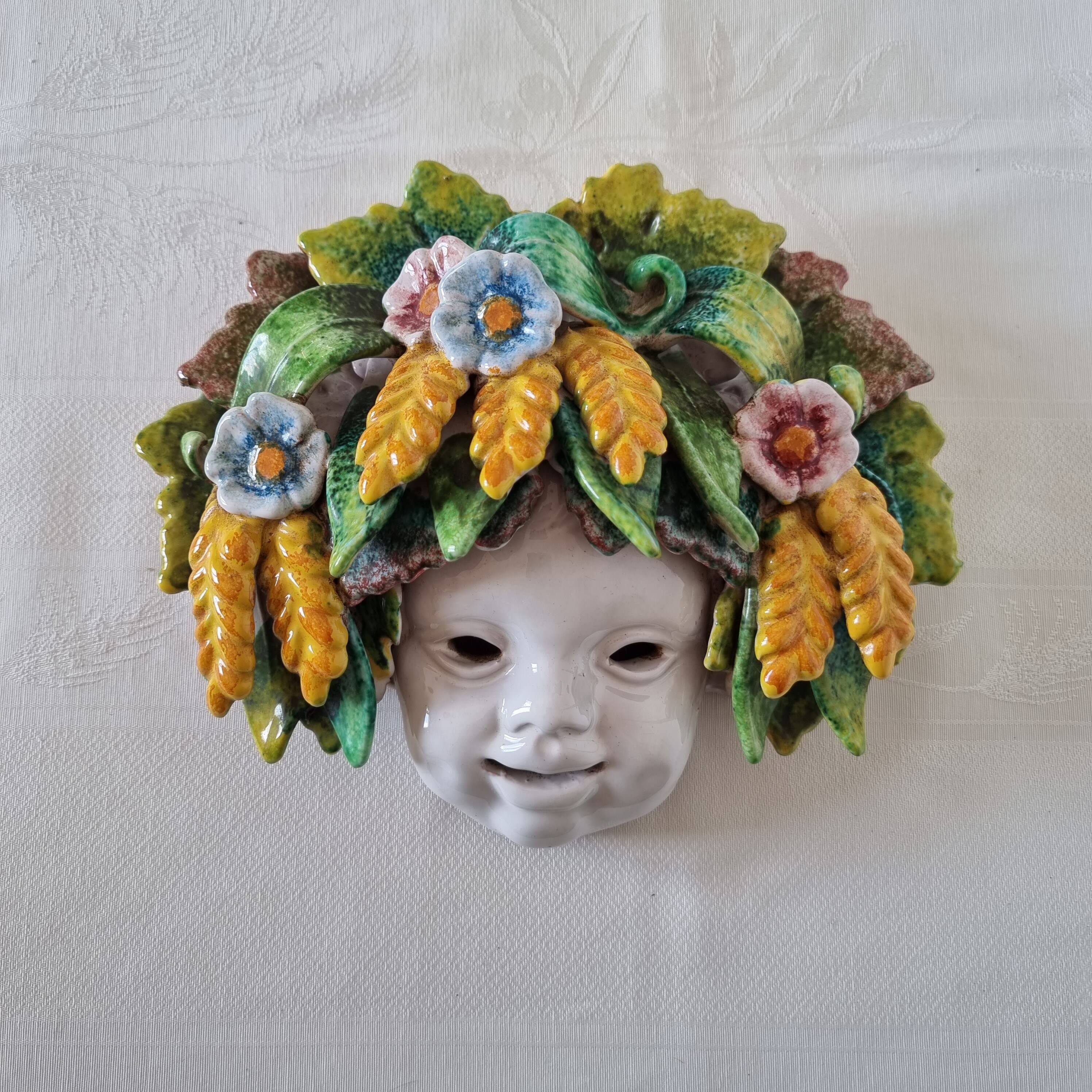 Vintage Italian ceramic wall mask, handmade, decorated with floral details
