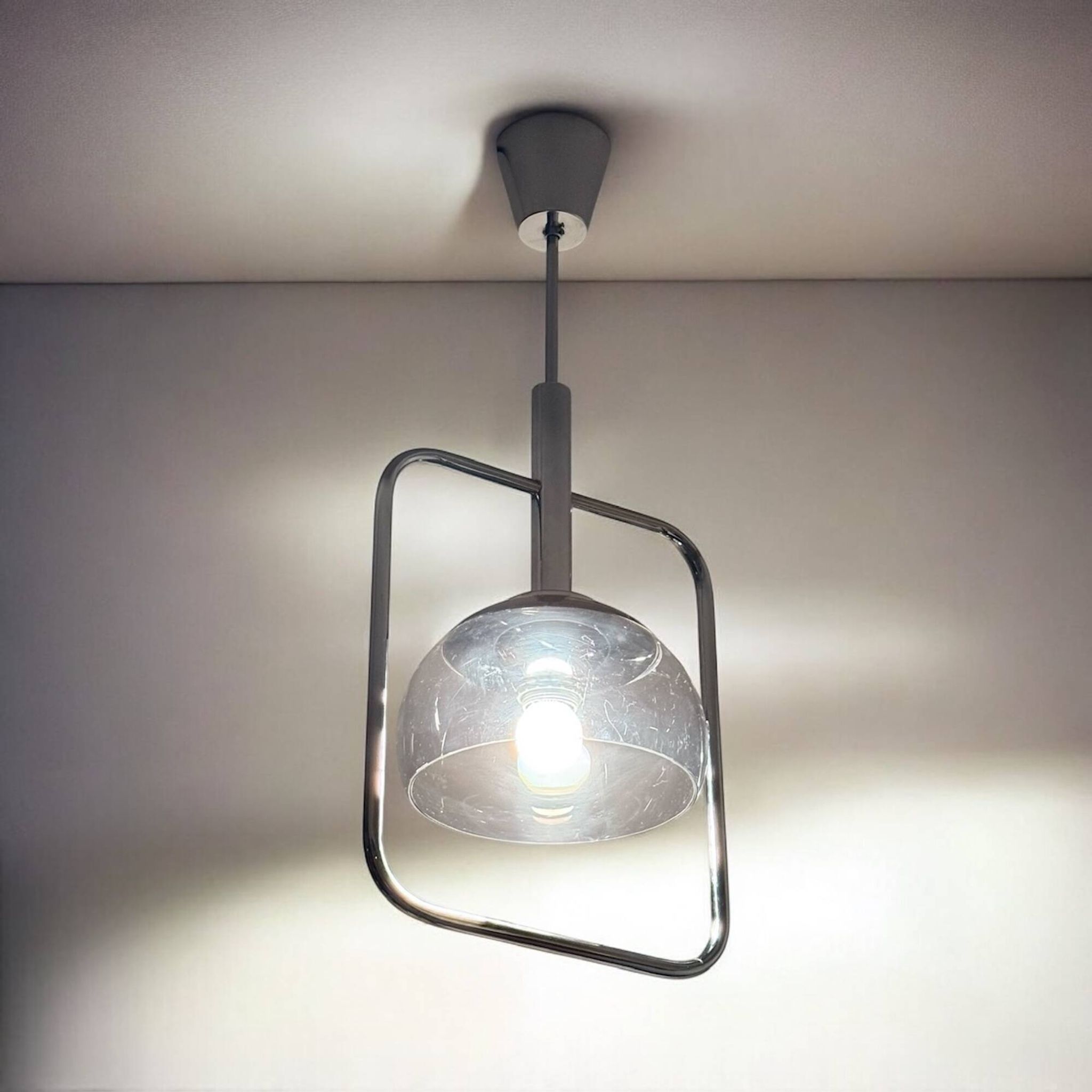 Space Age Pendant Lamp in Chrome Metal and Smoked Plexiglass, 1970s