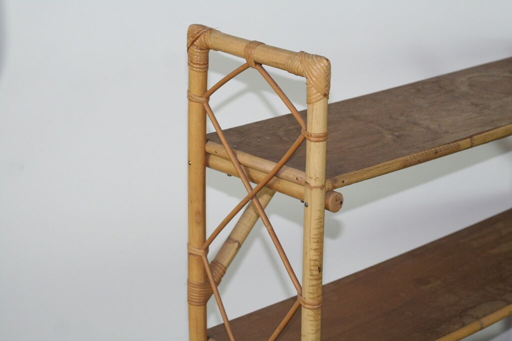 Storage cabinet bookcase shelf in vintage rattan 1970