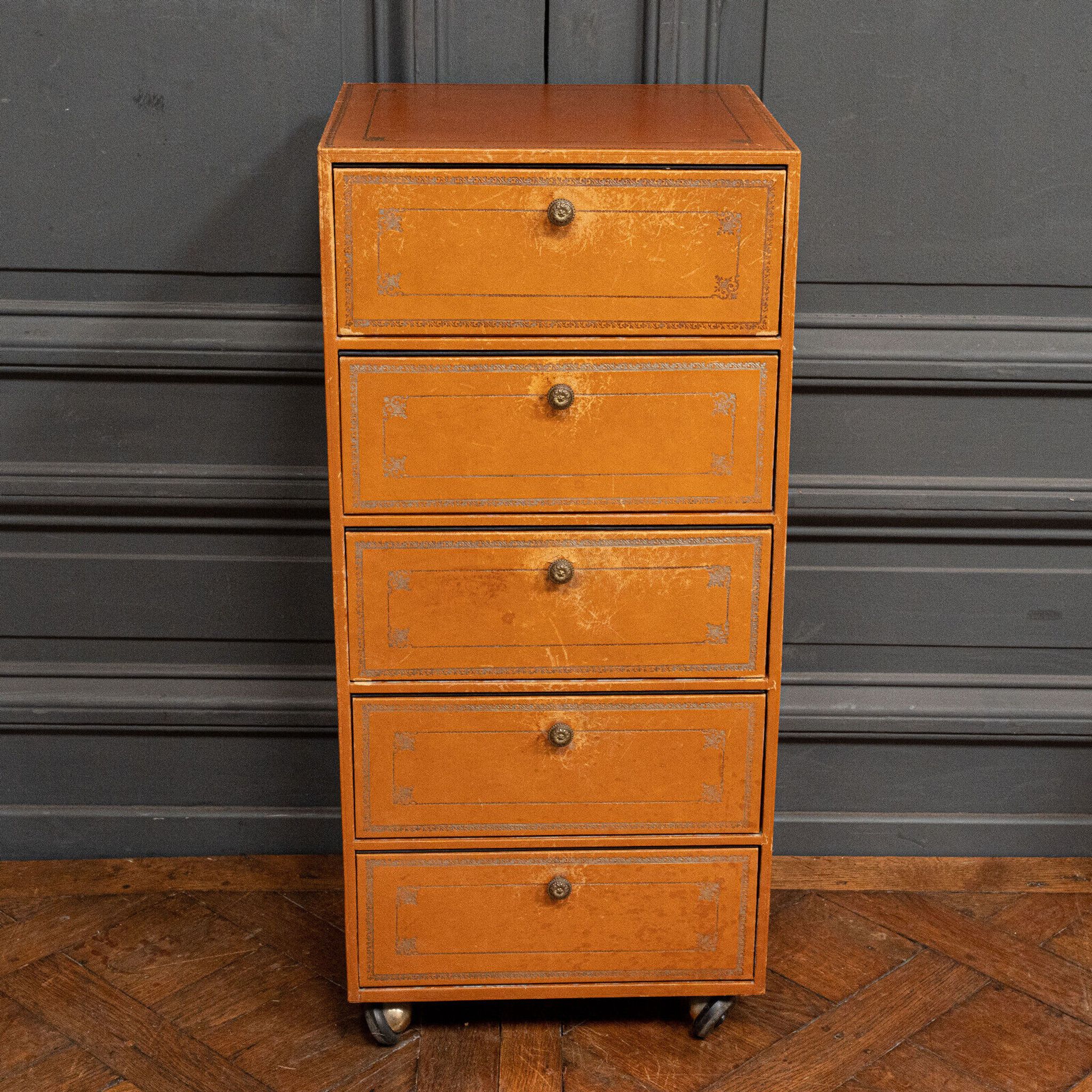 Furniture Cardboard chiffonnier leather patina fawn struck with iron 5 drawers