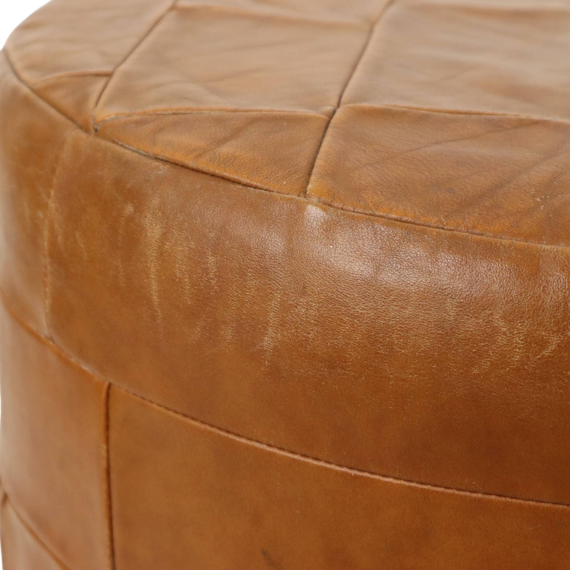 Vintage Round Brown Pouf Patchwork Patches Faux Leather 45cm