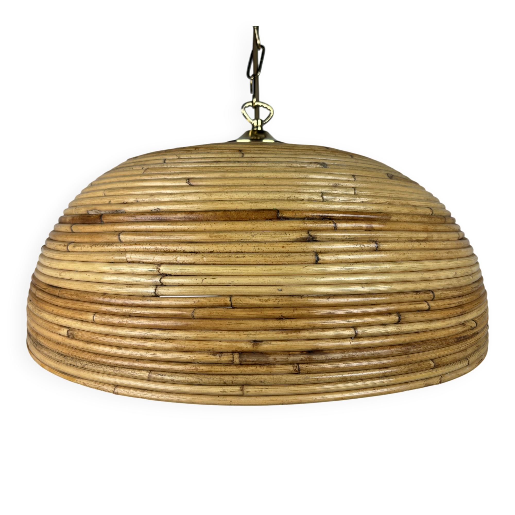 Midcentury Pencil Reed, Rattan, Bamboo and Brass Pendant Hanging Lamp, 1970