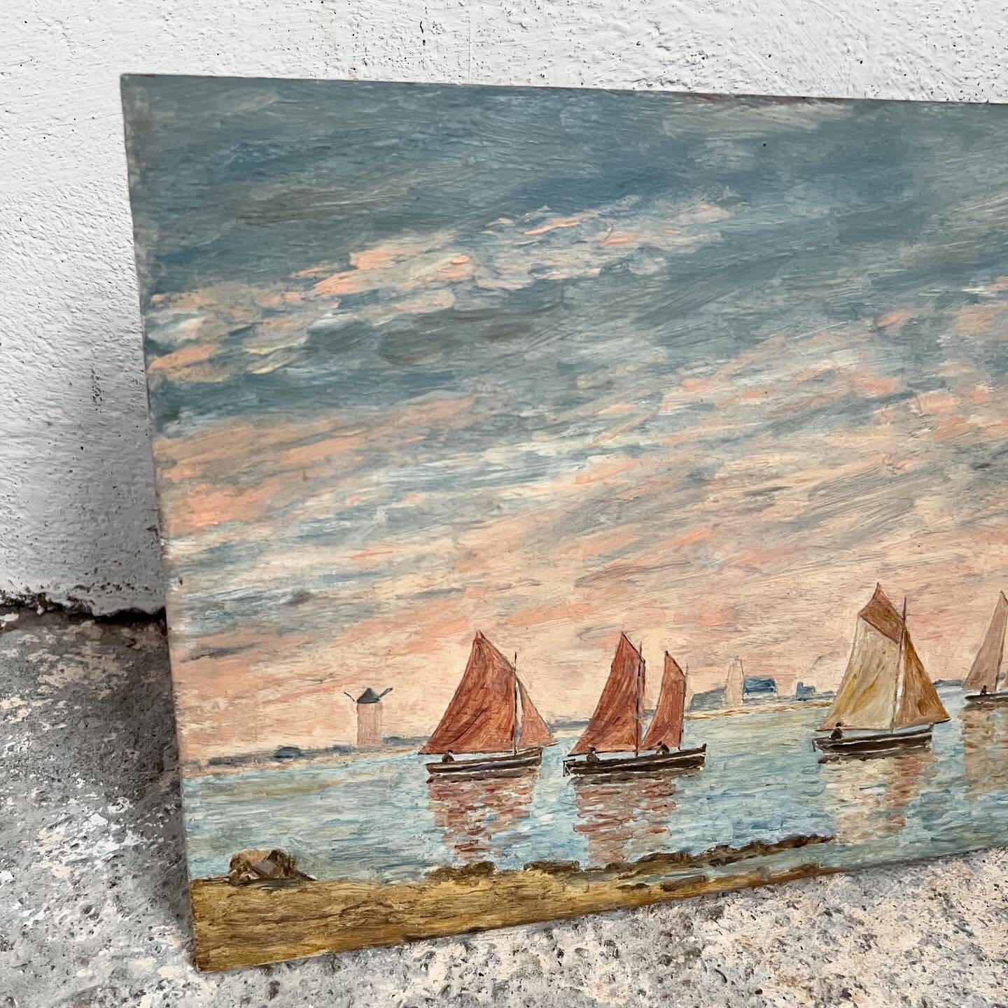 Old marine painting seaside mill Brittany