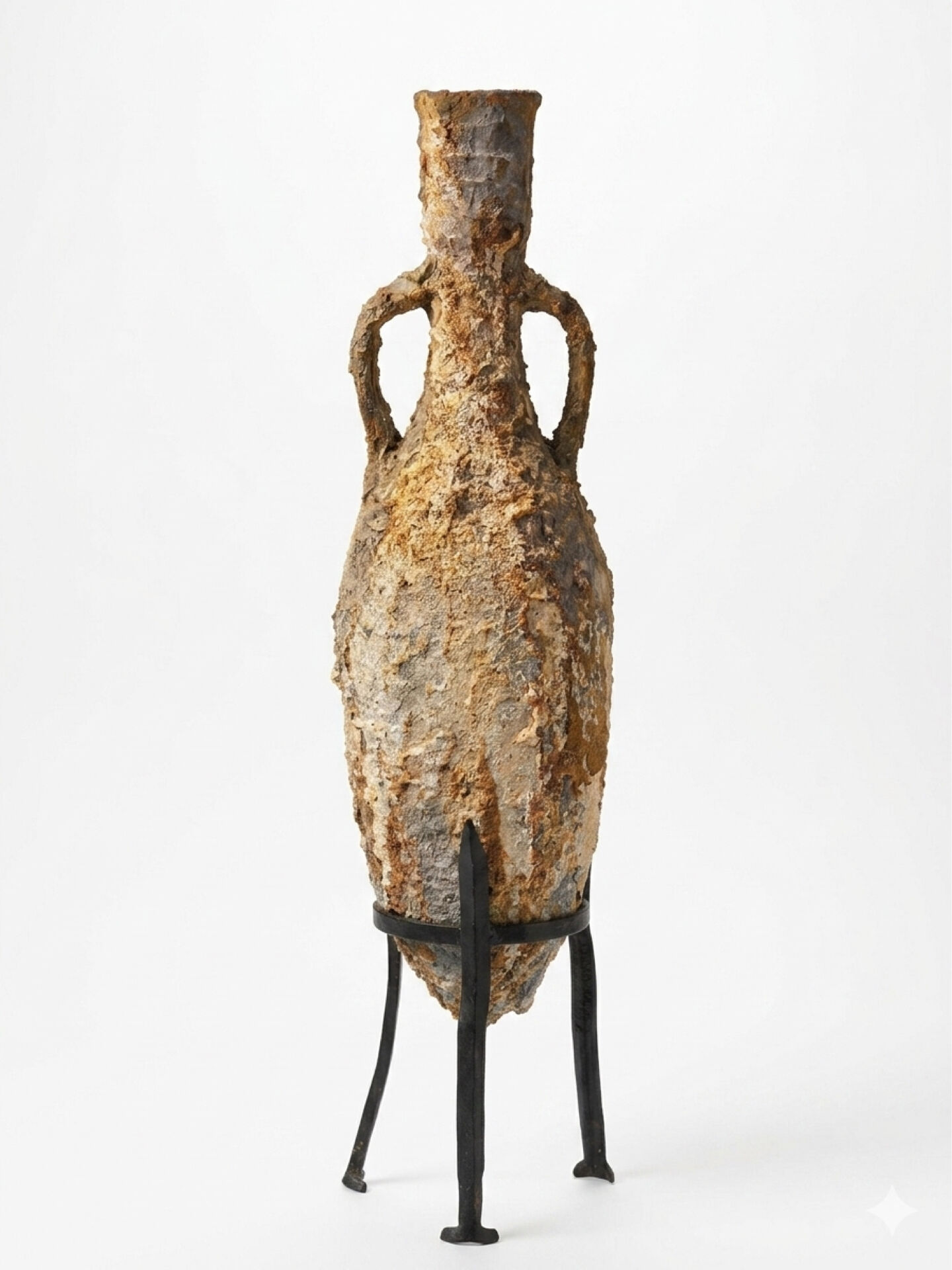 Genuine Roman amphora from marine excavation with its forged iron base.