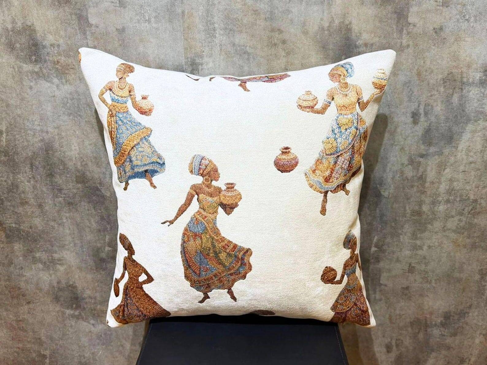 African Pottery Women Jacquard Cushion, Figural Woven Pillow Cover