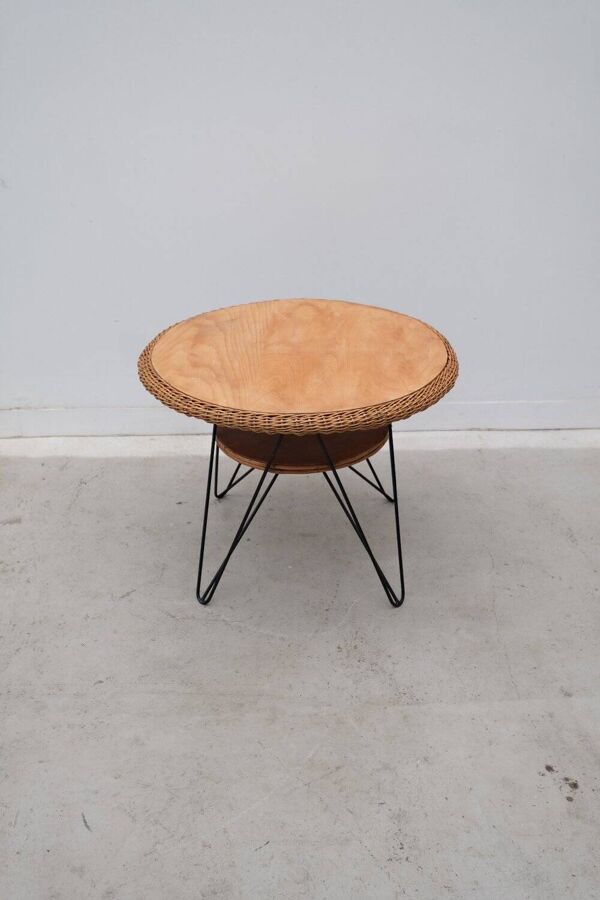Table basse en rotin et métal, France 1950