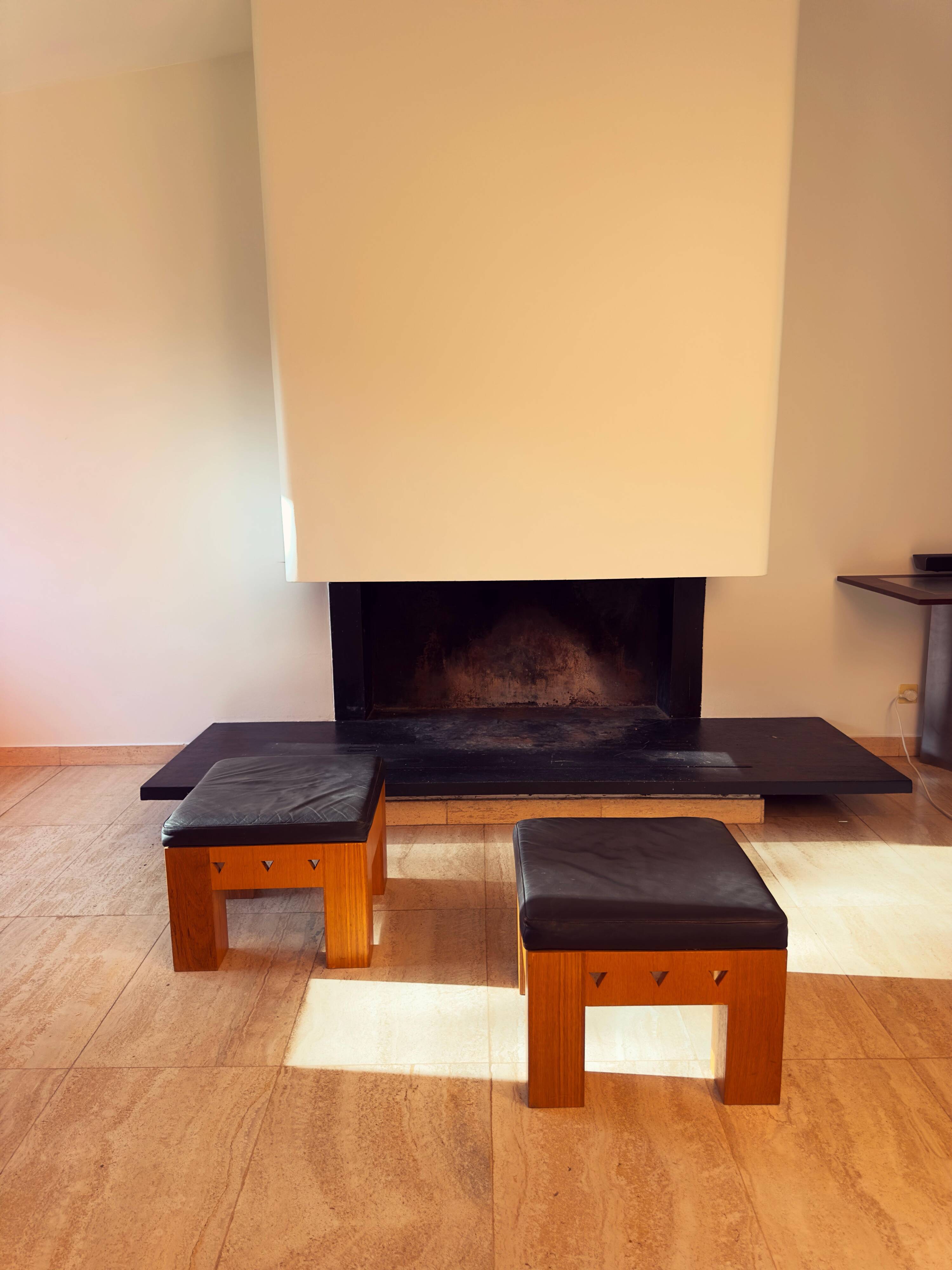 Pair of Low Wooden Stools with Leather Seats, 1970s