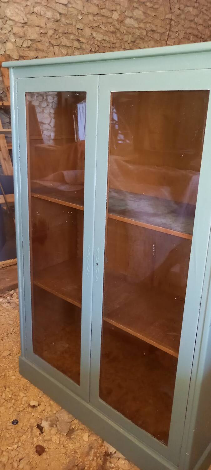 Green patina wooden display cabinet
