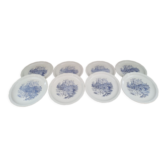 Set of 8 flat earthenware plates old English cottage décor marli blue in relief worked