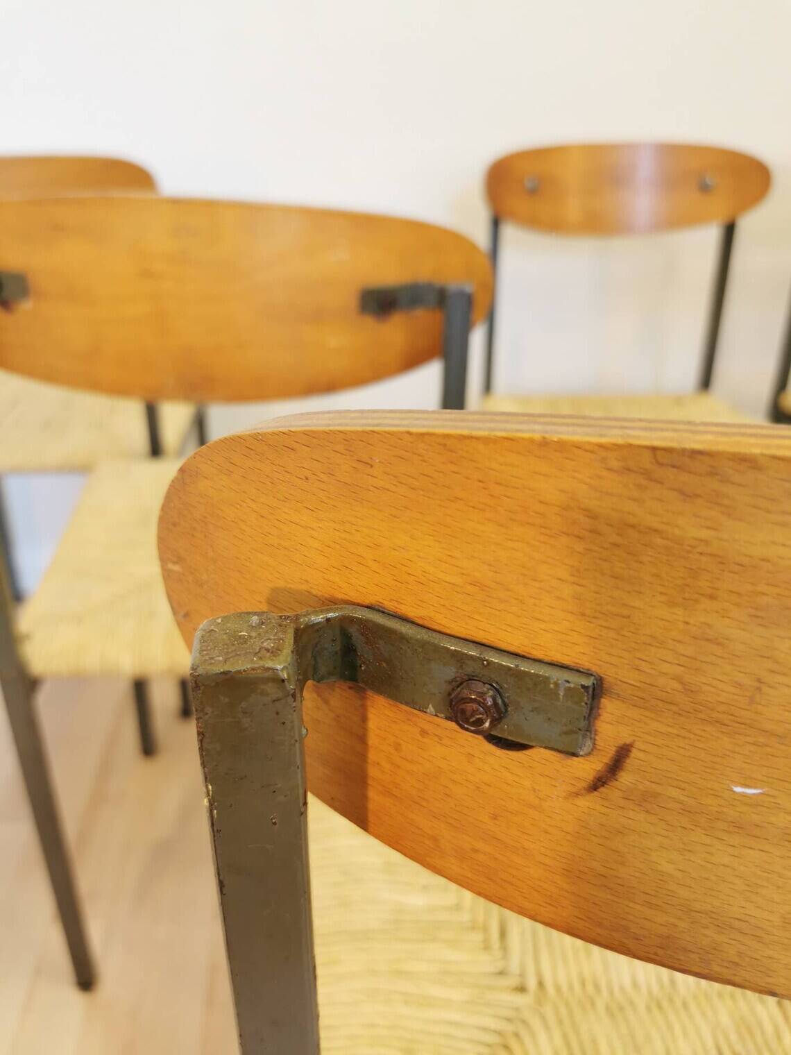 Vintage Industrial Dining Chair: Iron Frame, Thatched Seat, 1970s Yugoslavi