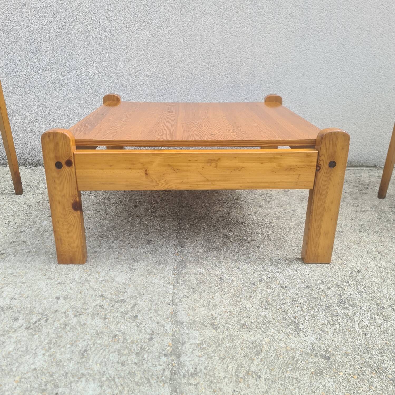 Brutalist square coffee table, solid pine, vintage