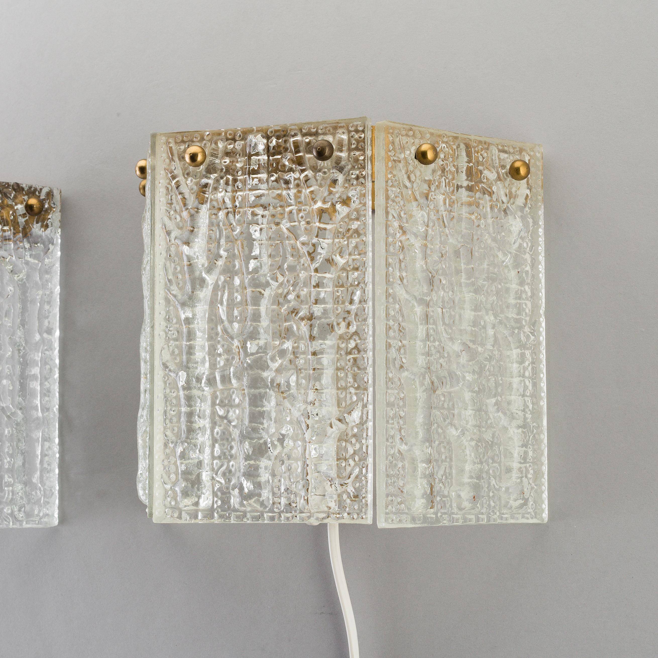 Orrefors Wall Sconces / Wall Lanterns Glass and Brass. Sweden 1960.